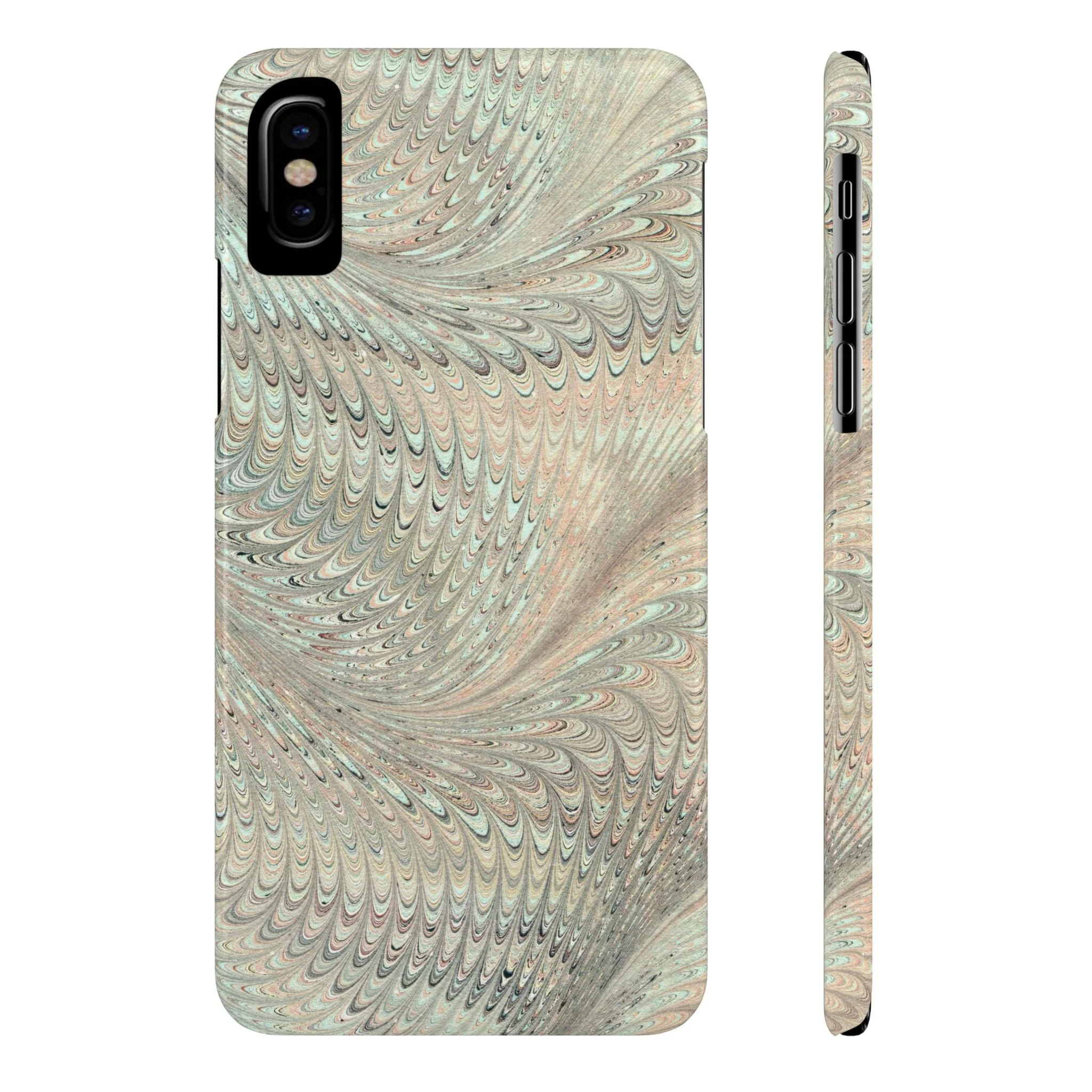 Marbled VIntage Design, Italian Feather Phone Case, Green Hues, Mint, Beige, Neutrals, Slim Phone Cases, IPHONE16 and all sizes - Image 3